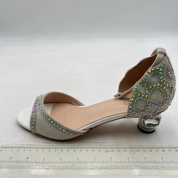 XYD White Bridal Evening Heels Peep Toe Rhinestone Studs Block Low Heeled Sandal - Picture 2 of 8